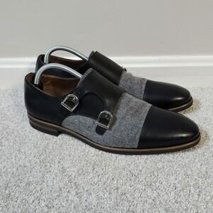 Taft Men's Double Monk Strap Black Noir Leather & Gray Flannel Dress Shoes 10 43